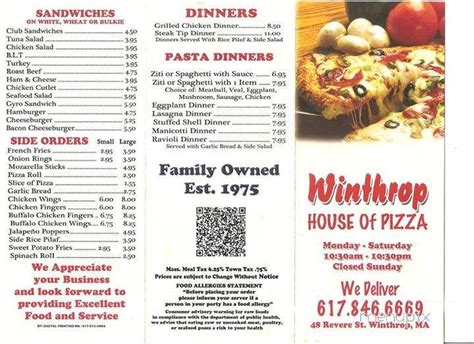 Winthrop house of pizza - MenuPix.com is a comprehensive search engine for United States and Canada restaurant menus, reviews, ratings, delivery, and takeout information. MenuPix.com is FREE for both users and restaurants. 